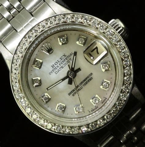 rolex datejust oyster perpetual stainless steel pearl ladies diamond watch|Rolex lady Datejust bezel.